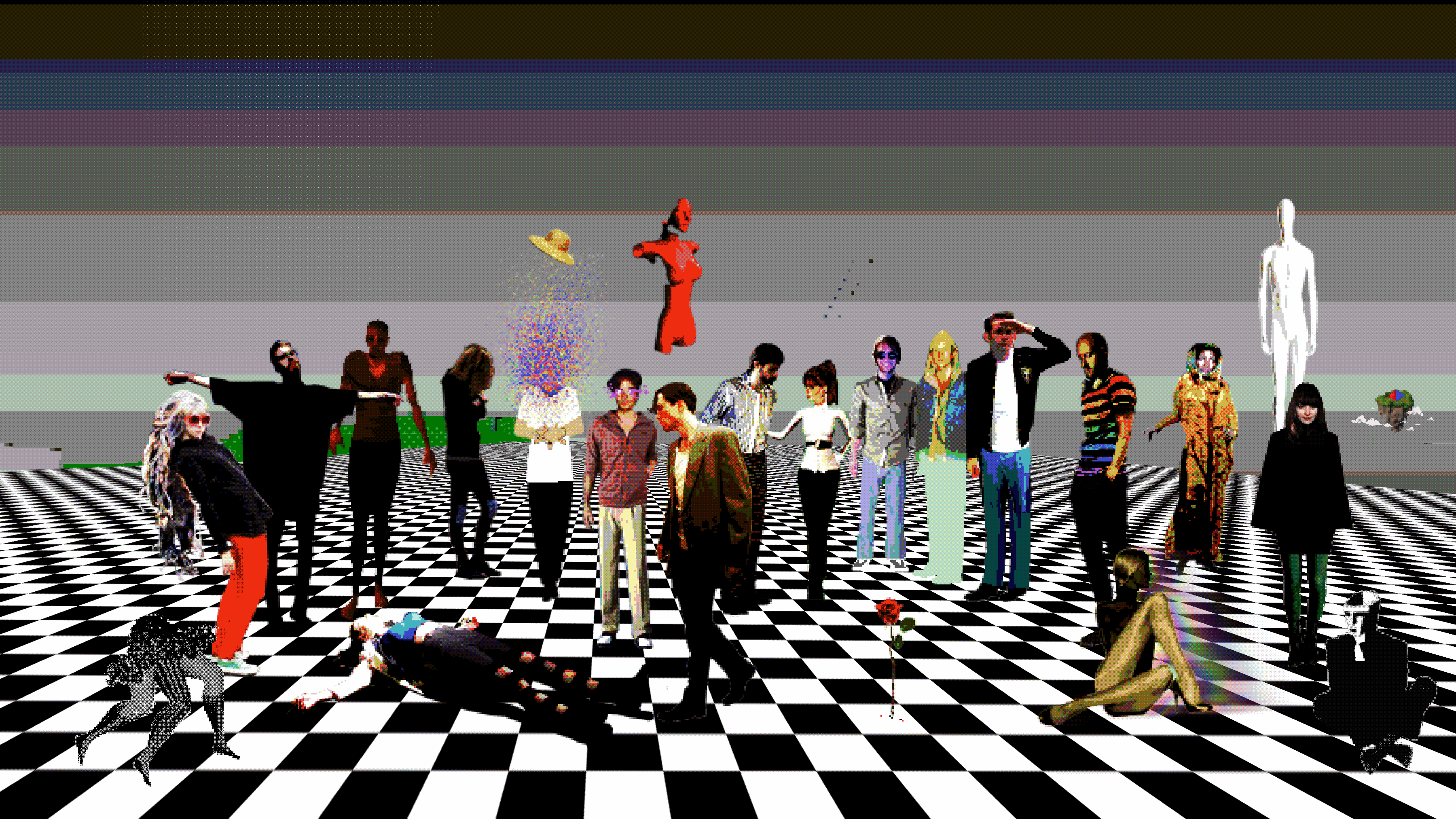 An animated gif of a group of pixelated people standing on a black and white checkerboard. The image is flickering slightly.